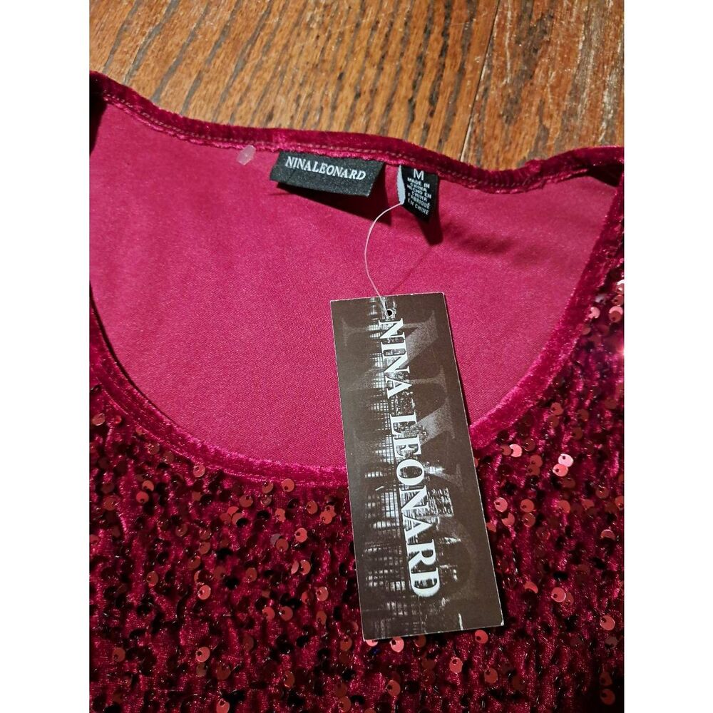 New Nina Leonard Crisp Berry Red Sequin Velvet Velour Sleeveless Dress Medium - Picture 4 of 5